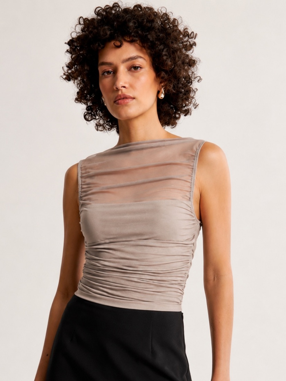 Abercrombie & Fitch Mesh Ruched Slashed Top in Taupe